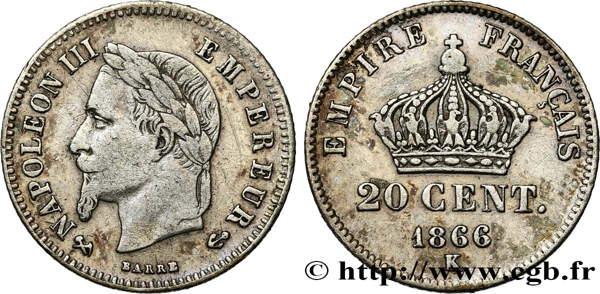 20 centimes Napoléon III, tête laurée, petit module 1866 Bordeaux F.149/6 VF 
