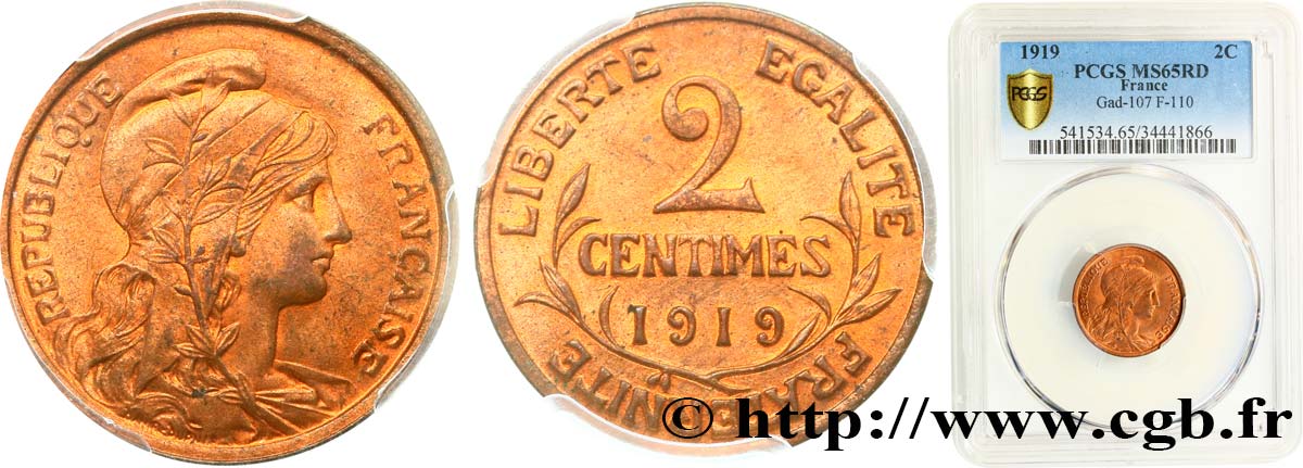 2 centimes Daniel-Dupuis 1919 Paris F.110/19 ST65 PCGS