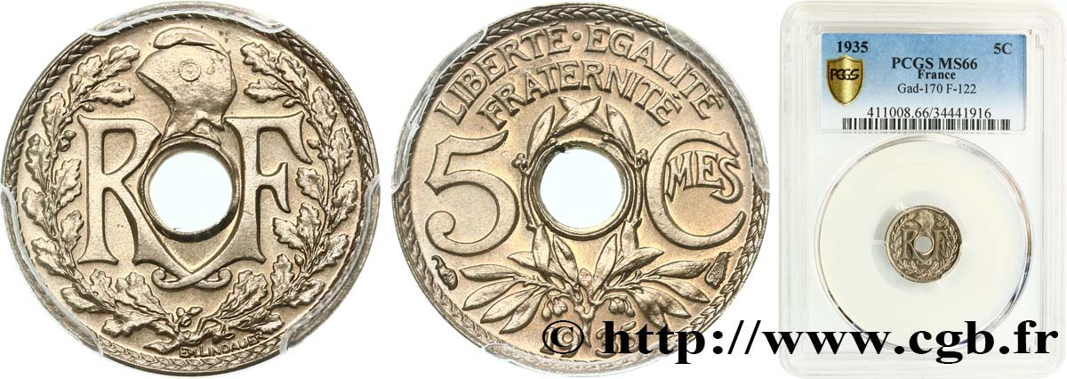 5 centimes Lindauer, petit module 1935 Paris F.122/18 MS66 PCGS