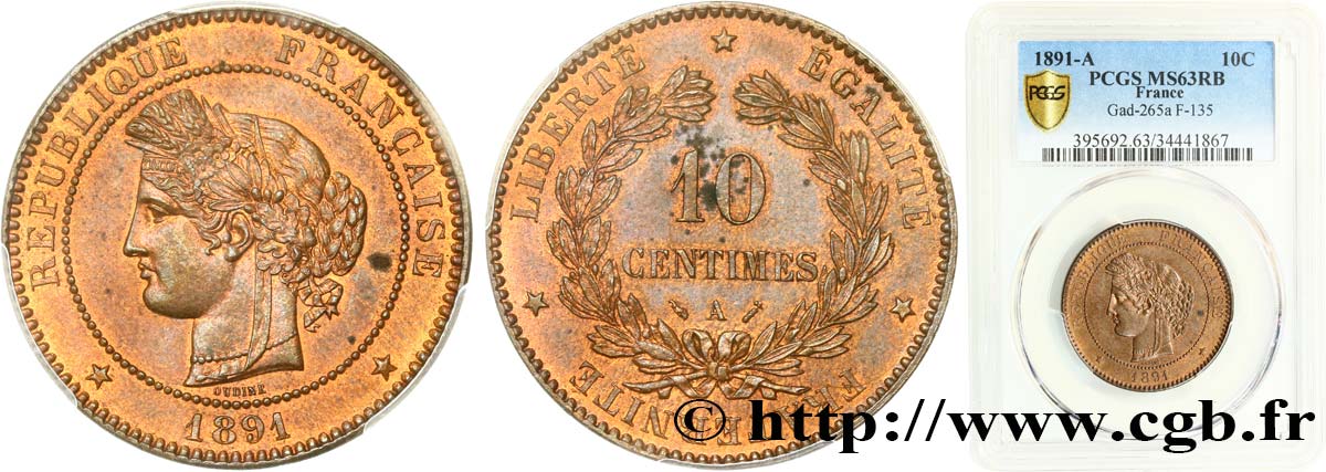 10 centimes Cérès 1891 Paris F.135/36 SPL63 PCGS