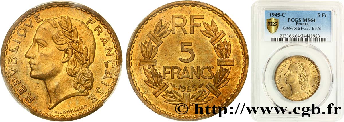 5 francs Lavrillier, bronze-aluminium 1945 Castelsarrasin F.337/6 SC64 PCGS