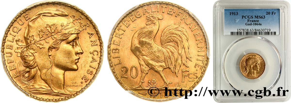 20 francs or Coq, Liberté Égalité Fraternité 1913 Paris F.535/7 MS63 PCGS