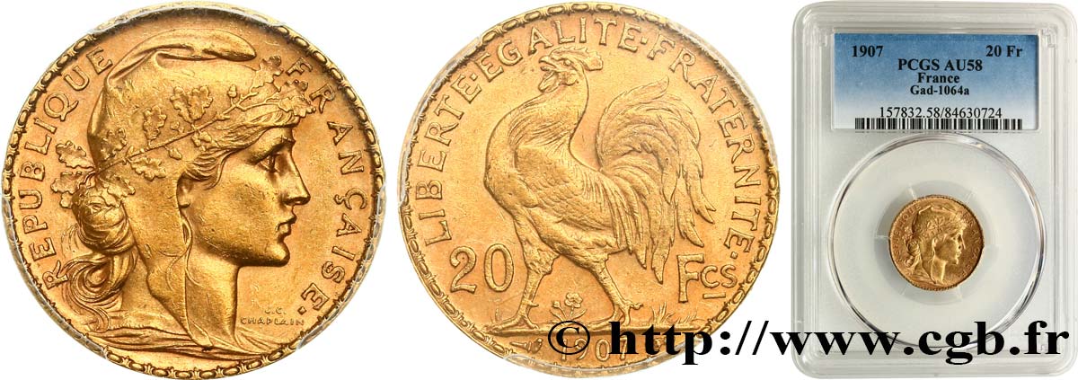20 francs or Coq, Liberté Égalité Fraternité 1907 Paris F.535/1 SPL58 PCGS