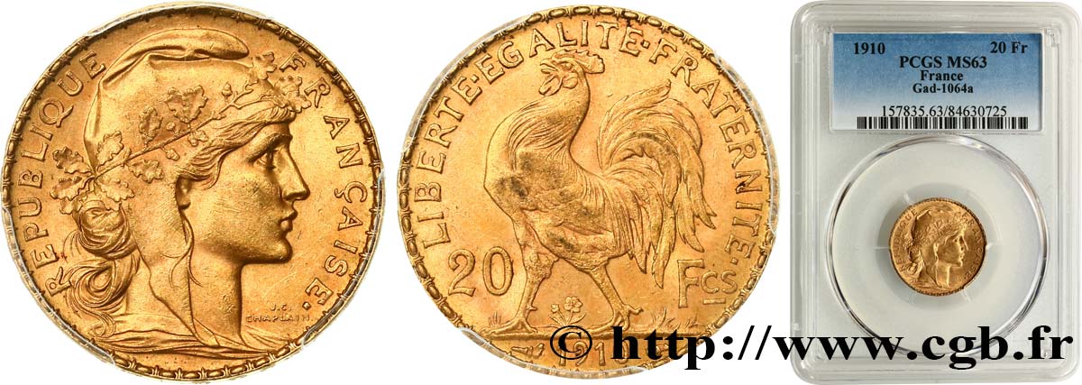 20 francs or Coq, Liberté Égalité Fraternité 1910 Paris F.535/4 MS63 PCGS