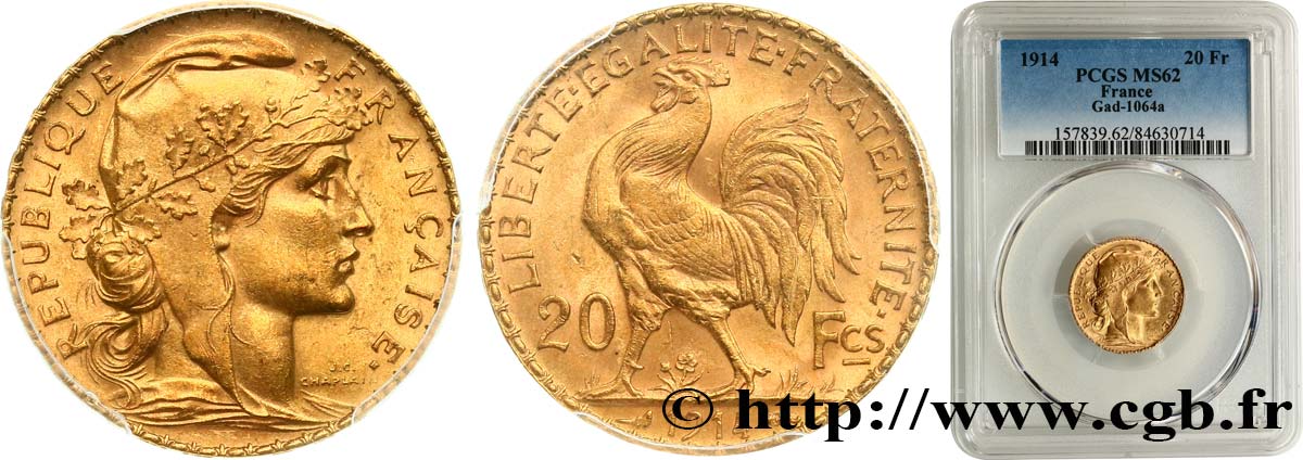 20 francs or Coq, Liberté Égalité Fraternité 1914 Paris F.535/8 EBC62 PCGS