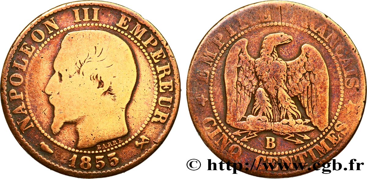 Cinq centimes Napoléon III, tête nue 1855 Rouen F.116/18 B+ 