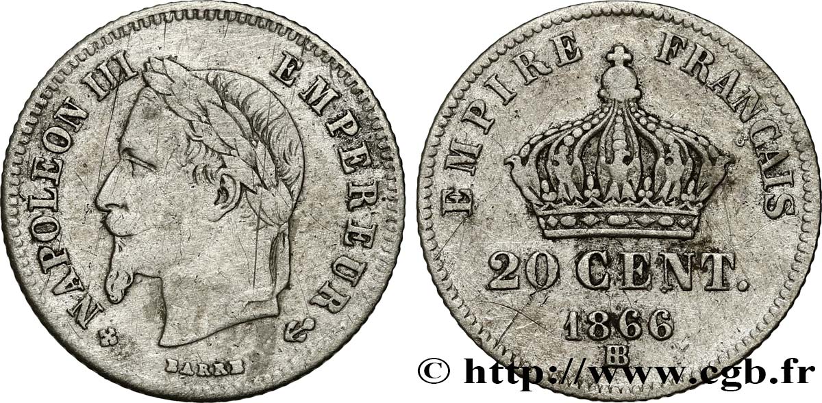 20 centimes Napoléon III, tête laurée, petit module 1866 Strasbourg F.149/5 TB 