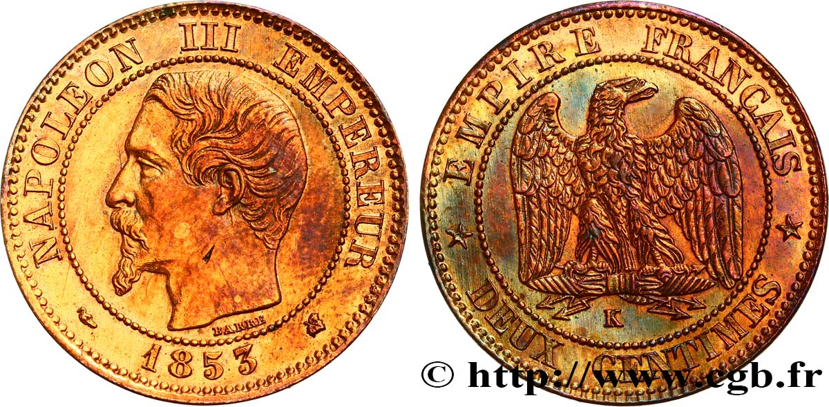 Deux centimes Napoléon III, tête nue 1853 Bordeaux F.107/6 q.SPL 