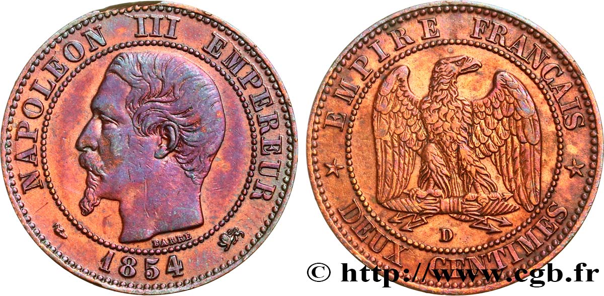 Deux centimes Napoléon III, tête nue, petit D et grand lion 1854 Lyon F.107/14 MBC48 