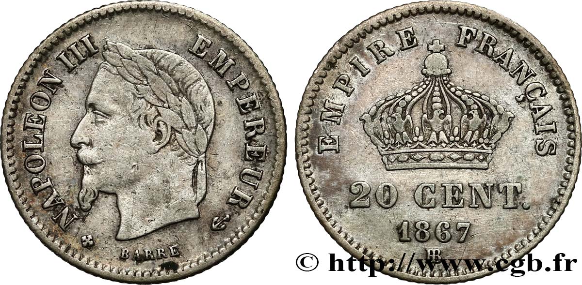 20 centimes Napoléon III, tête laurée, grand module 1867 Strasbourg F.150/2 BC35 