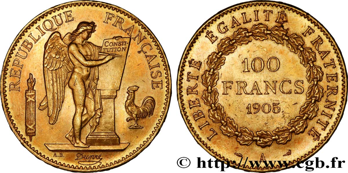 100 francs or Génie, tranche inscrite en relief Dieu protège la France 1905 Paris F.552/18 XF48 
