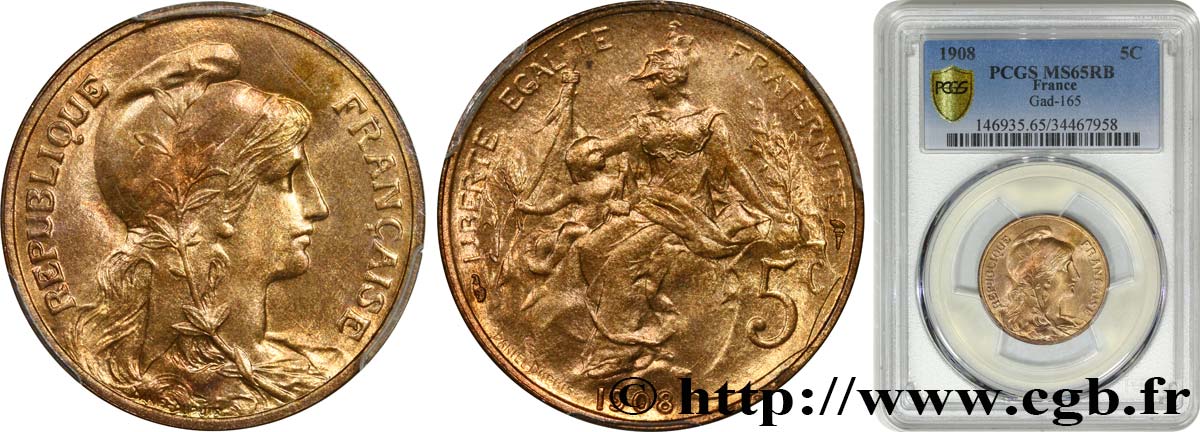 5 centimes Daniel-Dupuis 1908  F.119/19 MS65 PCGS