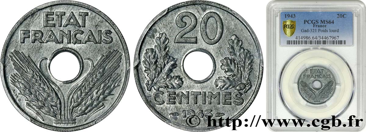 20 centimes État français, lourde 1943  F.153/5 fST64 PCGS