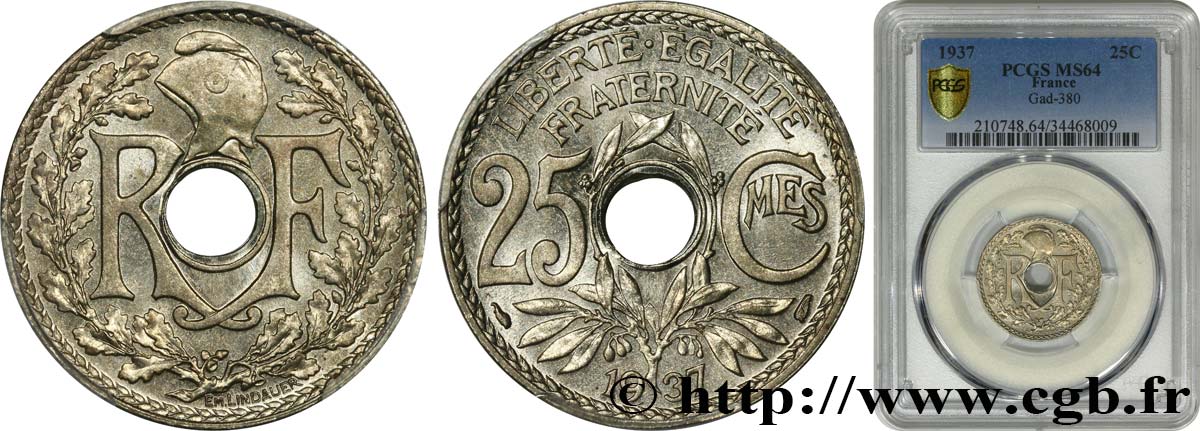 25 centimes Lindauer 1937  F.171/20 SPL64 PCGS