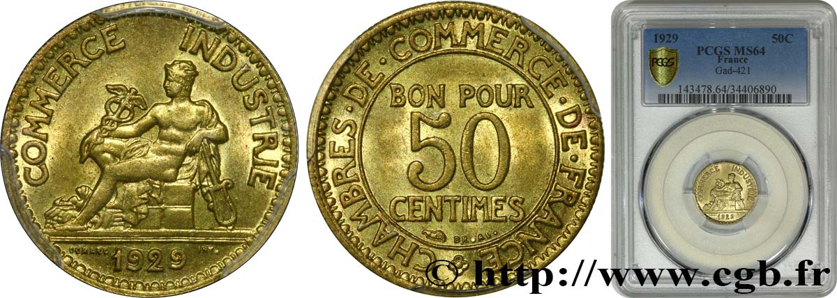 50 centimes Chambres de Commerce 1929 Paris F.191/11 SPL64 PCGS