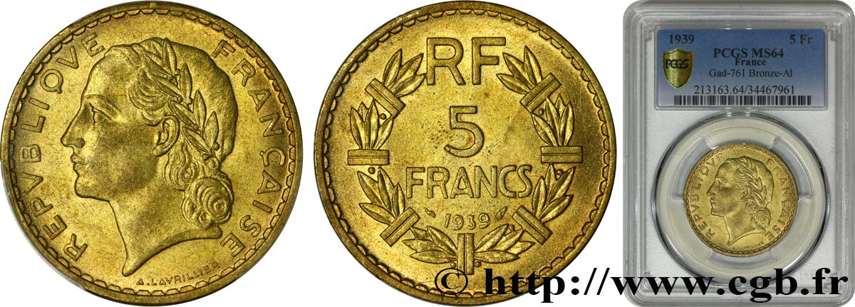 5 francs Lavrillier, bronze-aluminium 1939  F.337/3 SPL64 PCGS