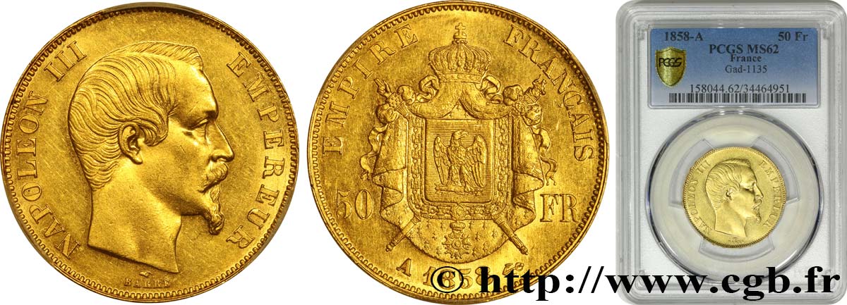 50 francs or Napoléon III, tête nue 1858 Paris F.547/5 SUP62 PCGS