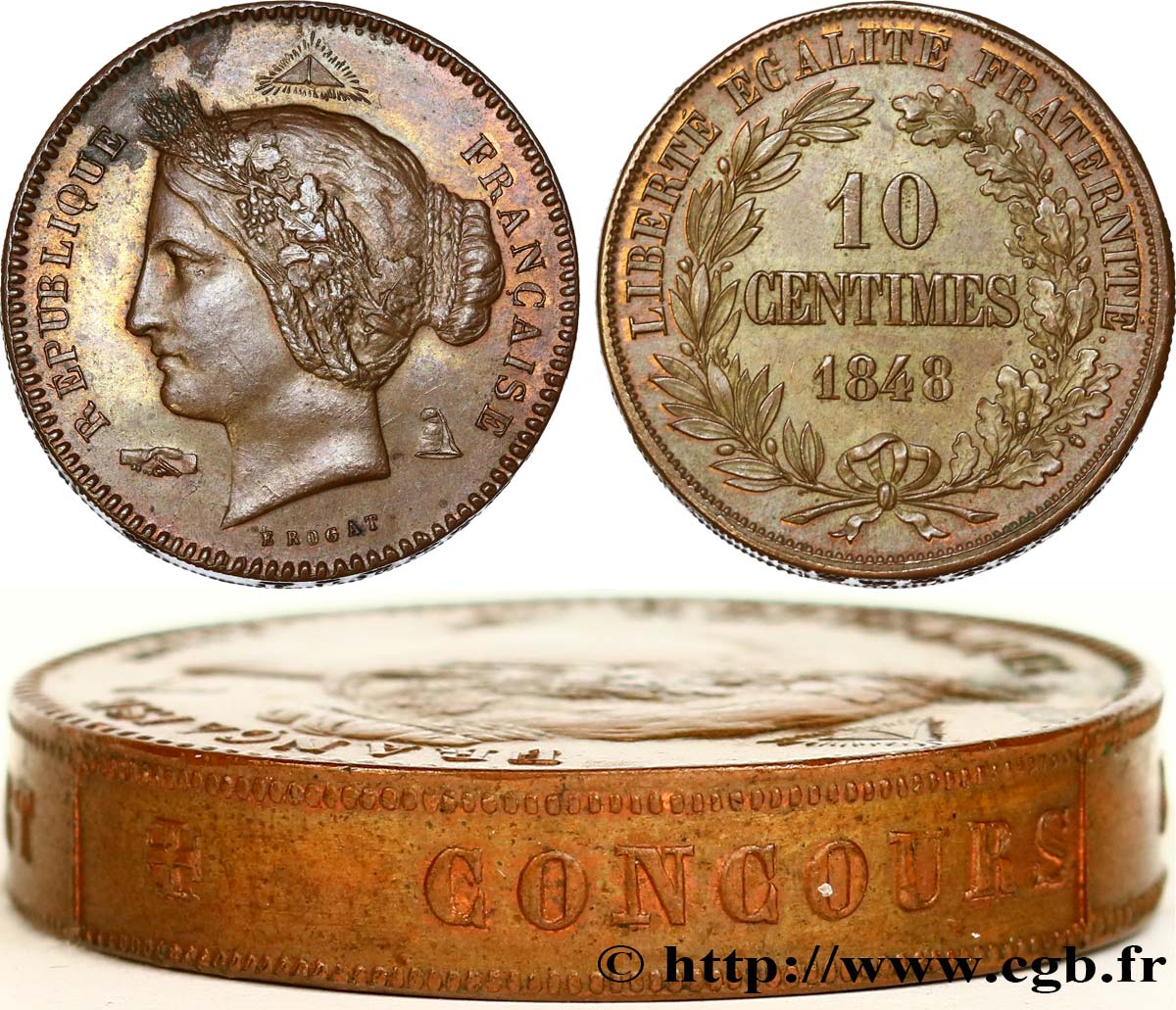Concours de 10 centimes, piéfort au quadruple, essai en cuivre par Rogat, premier concours, premier revers 1848 Paris VG.3169 P SPL60 