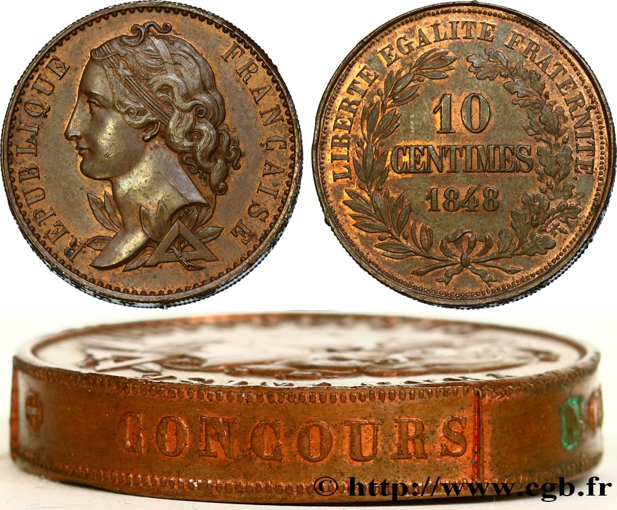 Concours de 10 centimes, piéfort au quadruple,essai en cuivre par Magniadas, premier revers 1848 Paris VG.3165 P VZ60 