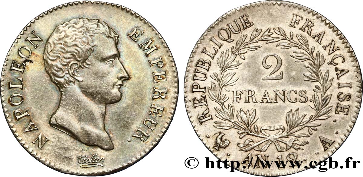2 francs Napoléon Empereur, Calendrier révolutionnaire 1804 Paris F.251/1 AU58 