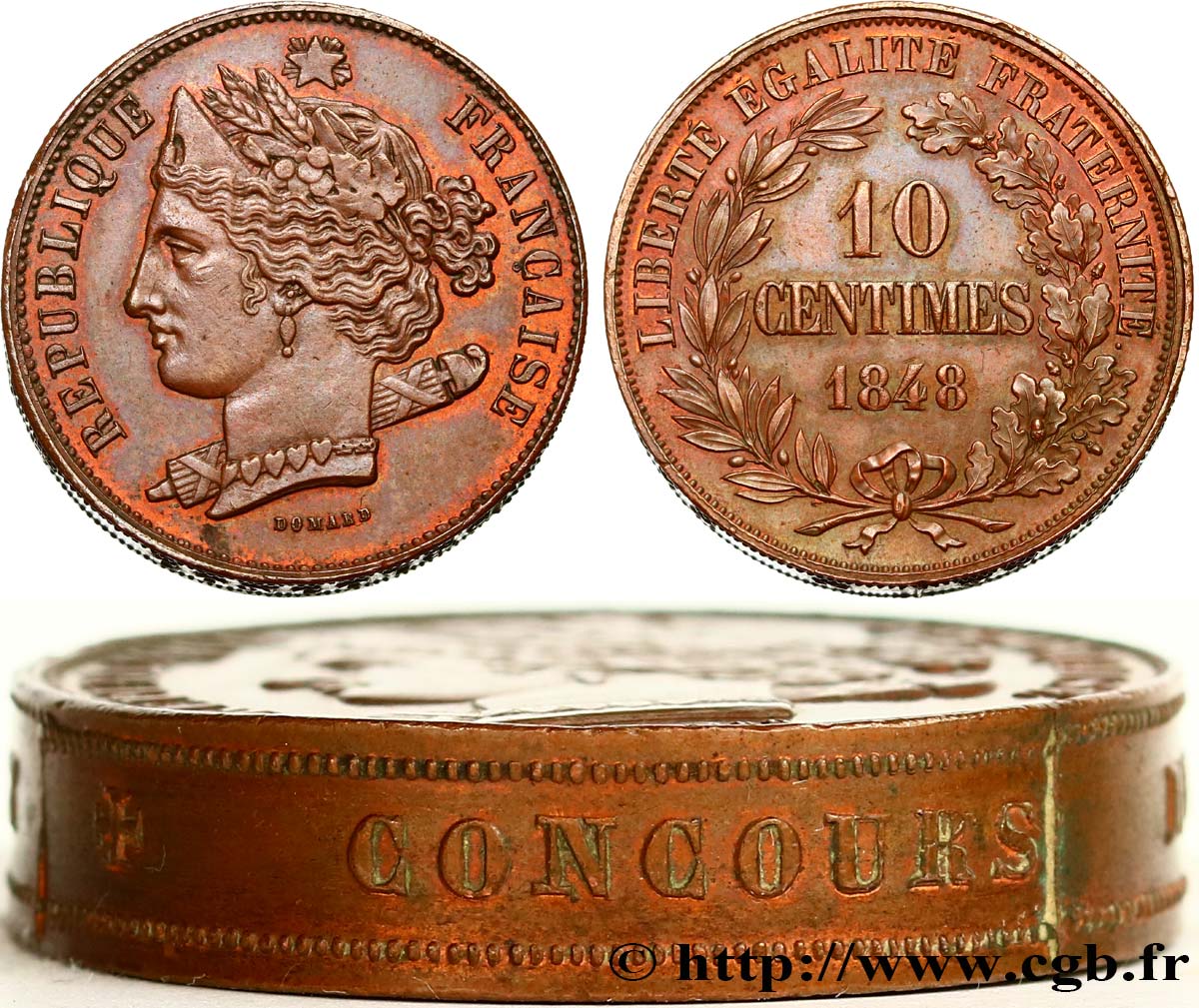 Concours de 10 centimes, piéfort quadruple de Domard 1848 Paris VG.3138 var. MS60 