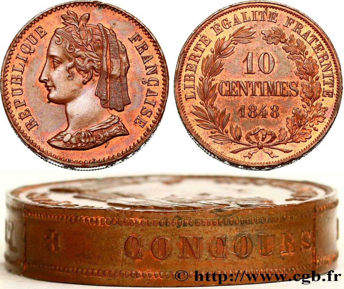 Concours de 10 centimes, piéfort quadruple de Rogat, troisième concours 1848 Paris VG.3188 var. SUP60 