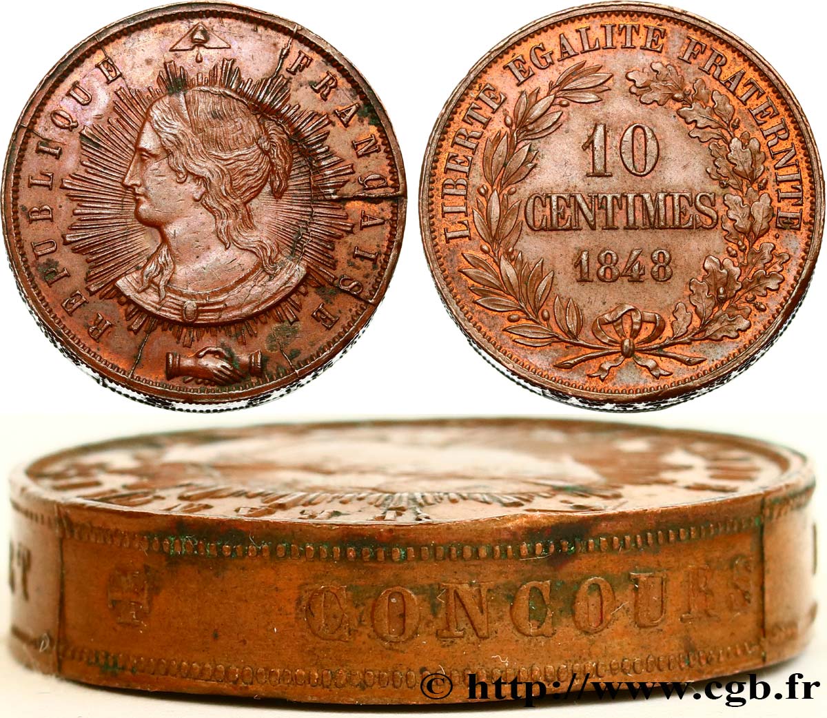 Concours de 10 centimes, piéfort quadruple de Pillard, premier revers, tranche inscrite 1848 Paris VG.3185 P.var SPL58 