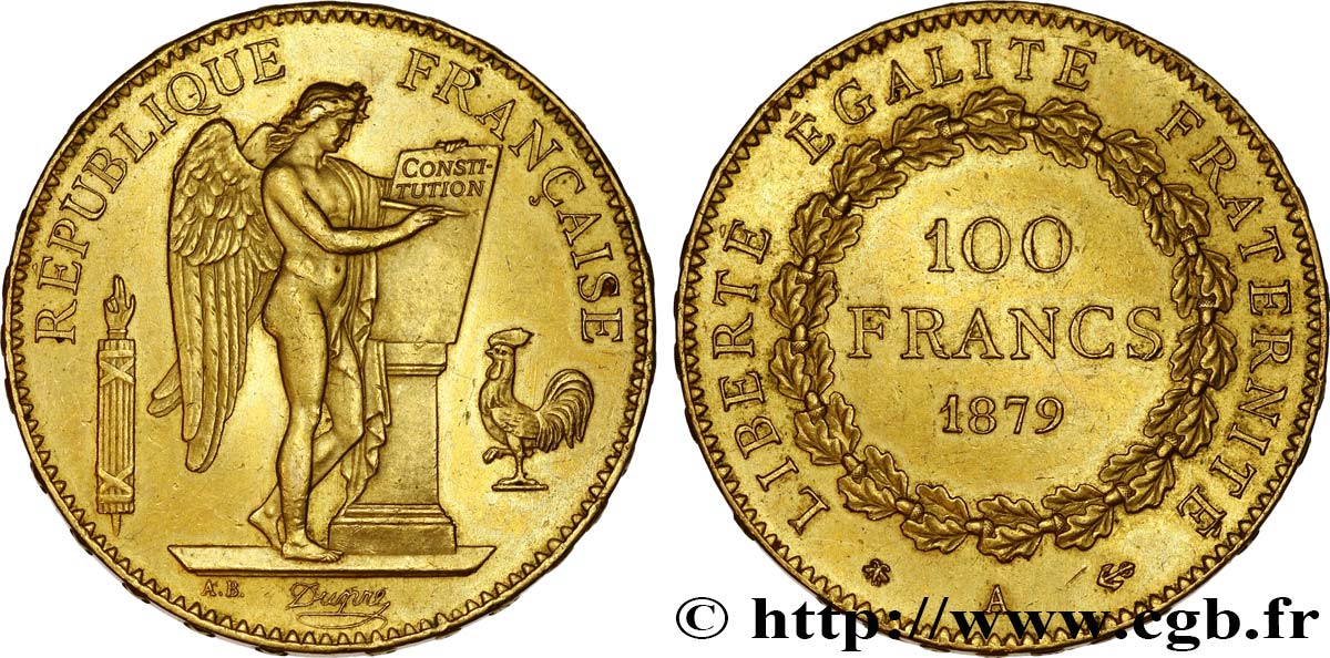 100 francs or Génie, tranche inscrite en relief Dieu protège la France 1879 Paris F.552/2 MBC52 