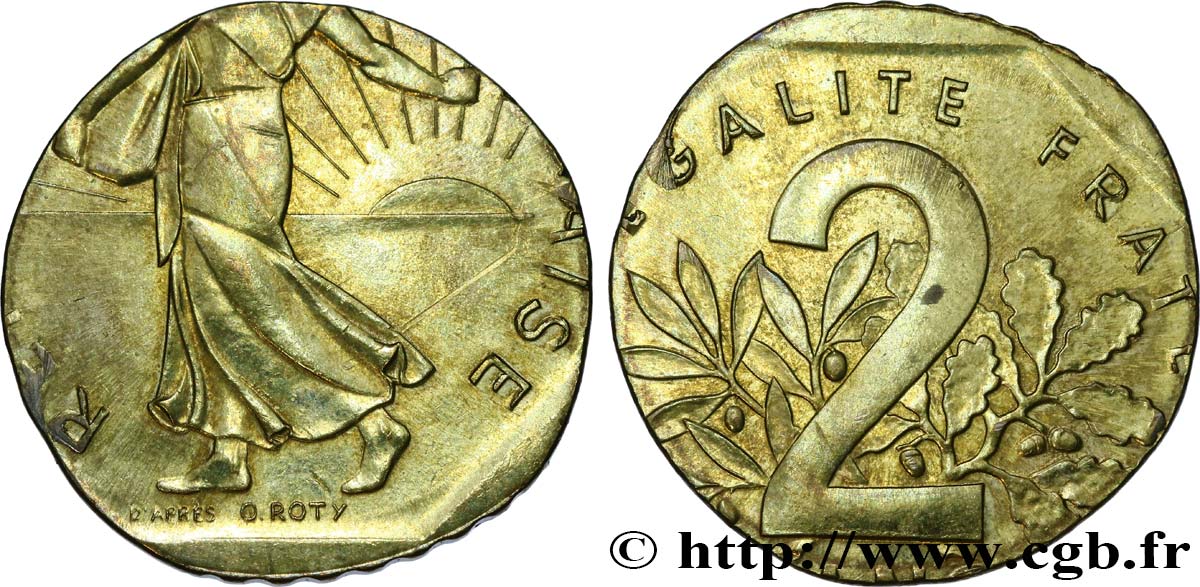 2 francs Semeuse nickel, frappe fautée sur flan de 5 centimes Marianne n.d. Pessac F.272/- var. EBC58 