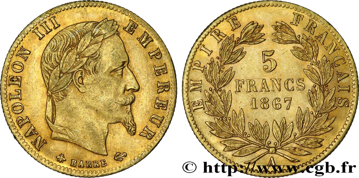 5 francs or Napoléon III, tête laurée 1867 Paris F.502/11 SS52 