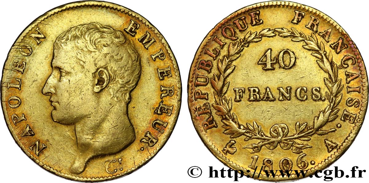40 francs or Napoléon tête nue, Calendrier grégorien 1806 Paris F.538/1 XF40 