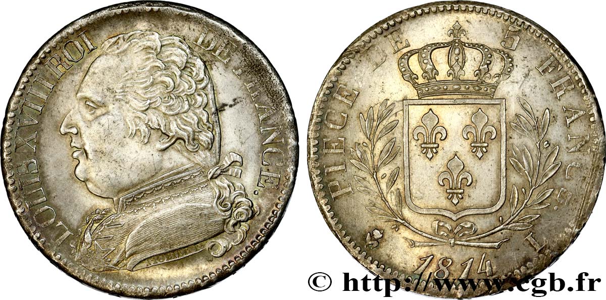 5 francs Louis XVIII, buste habillé 1814 Bayonne F.308/8 EBC55 