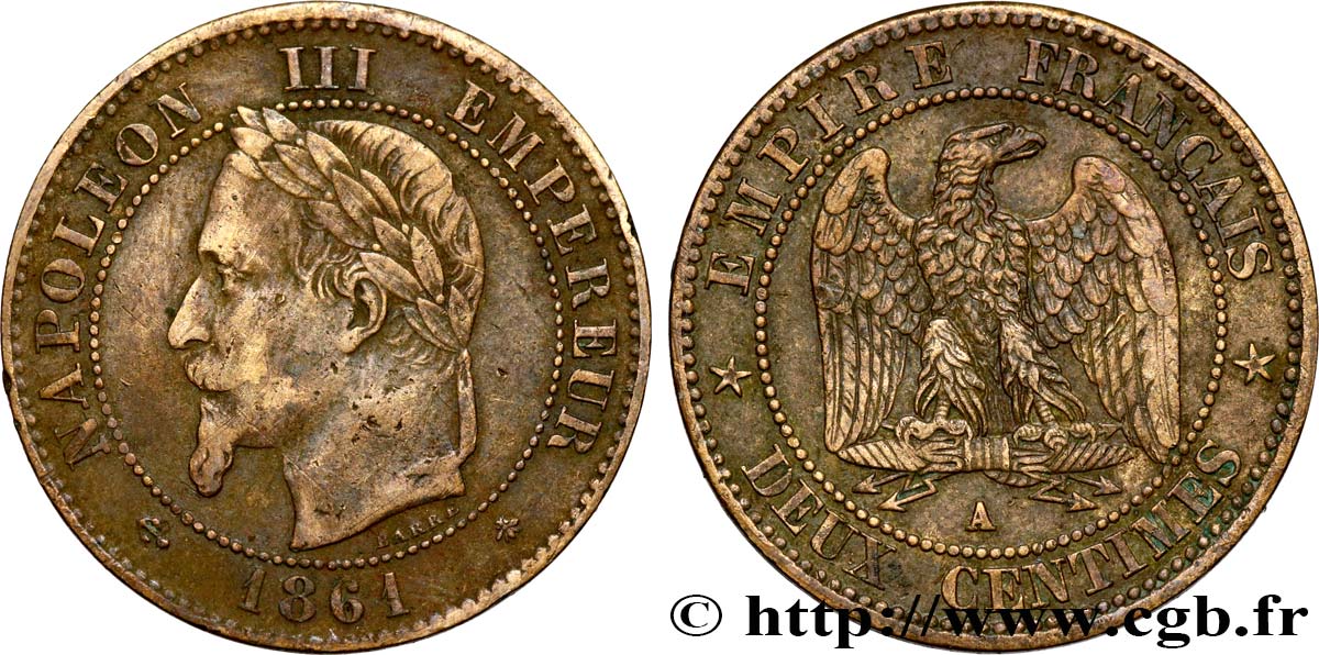 Deux centimes Napoléon III, tête laurée 1861 Paris F.108A/1 VF35 