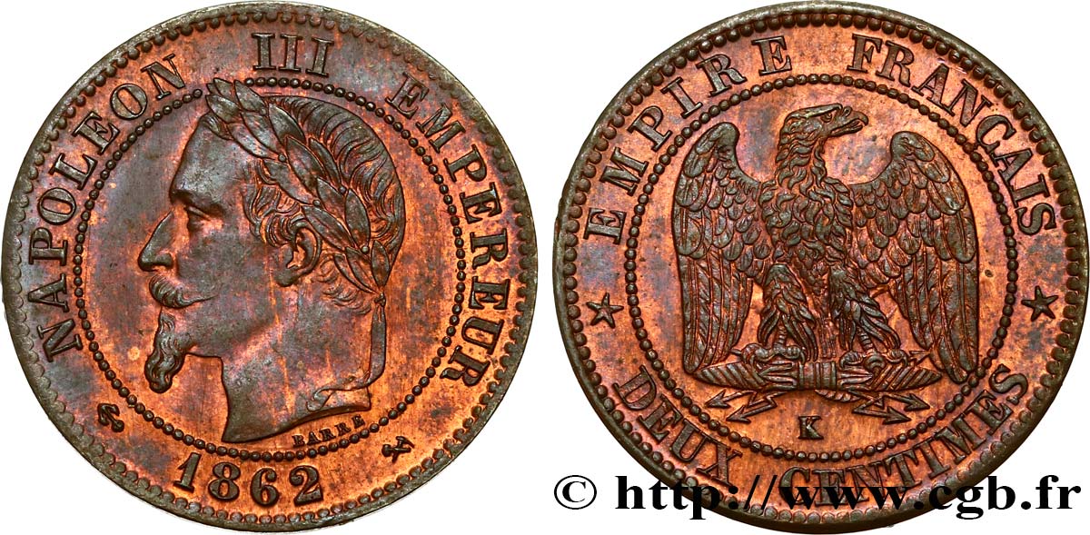 Deux centimes Napoléon III, tête laurée, buste définitif 1862 Bordeaux F.108A/7 EBC58 
