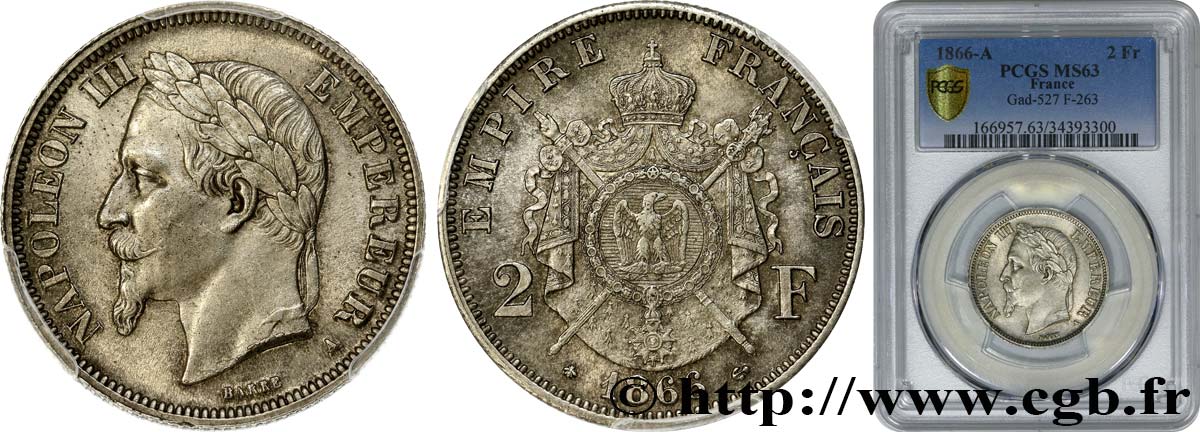 2 francs Napoléon III, tête laurée 1866 Paris F.263/2 SC63 PCGS