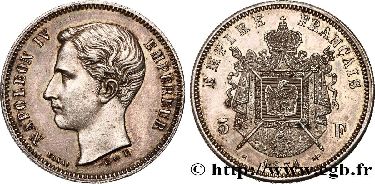 Essai de 5 francs en argent 1874 Bruxelles VG.3760  AU 