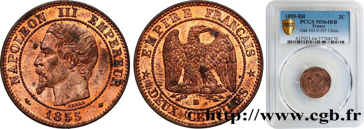 Deux centimes Napoléon III, tête nue 1855 Strasbourg F.107/23 MS64 PCGS
