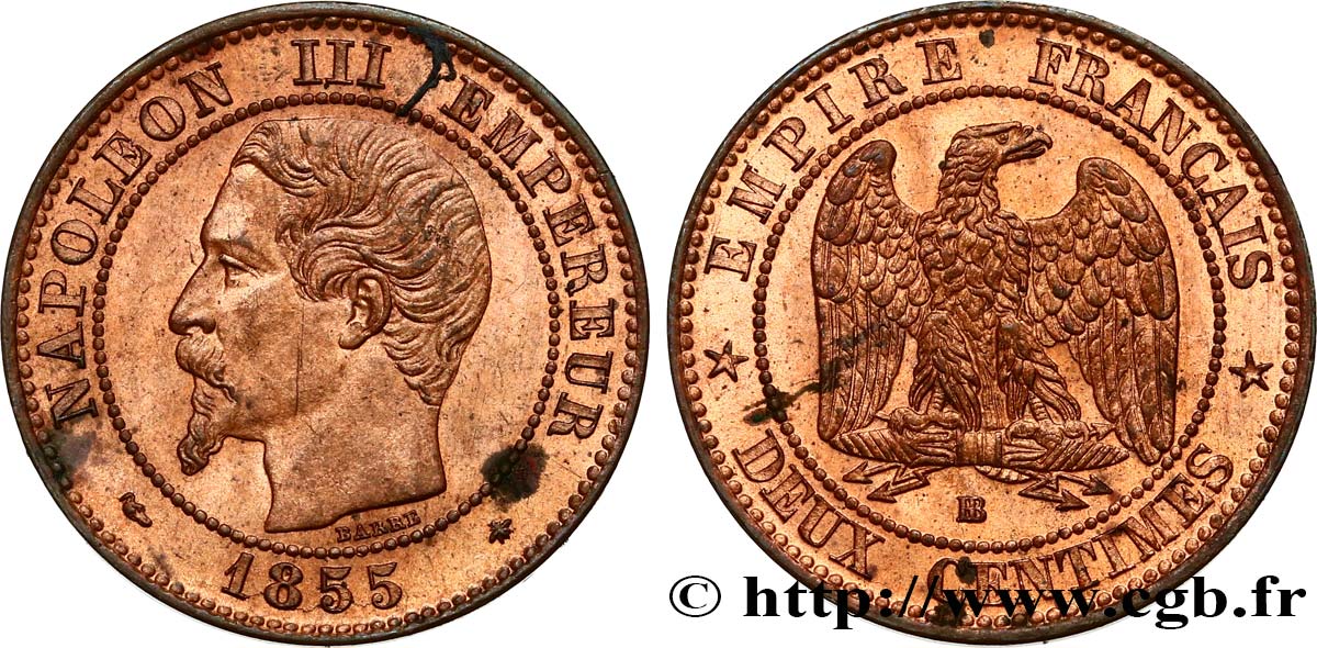 Deux centimes Napoléon III, tête nue 1855 Strasbourg F.107/23 EBC60 