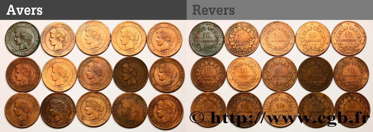 Lot de 15 pièces de 10 centimes Cérès n.d. s.l. F.135/ VG/XF 