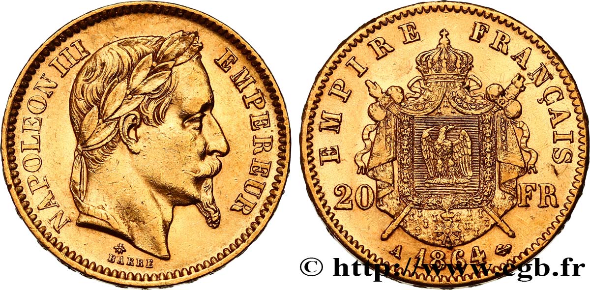 20 francs or Napoléon III, tête laurée 1864 Paris F.532/8 SS50 