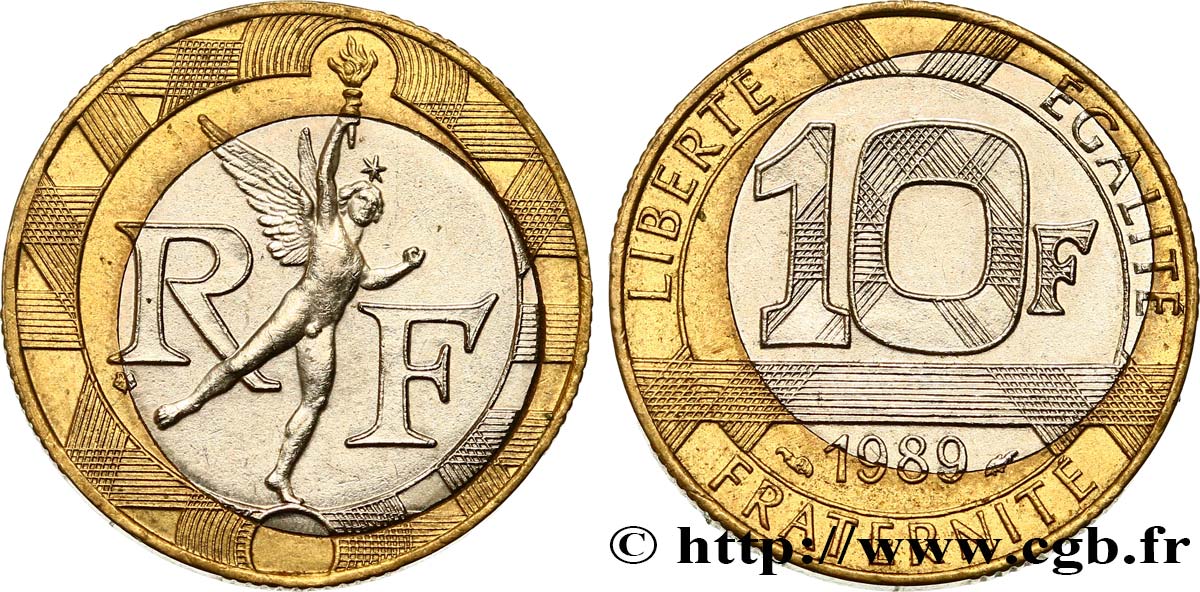 10 francs Génie de la Bastille, FAUTÉE, coeur en nickel décentré, Type IV 1989 Pessac F.375/3 var. TTB+ 