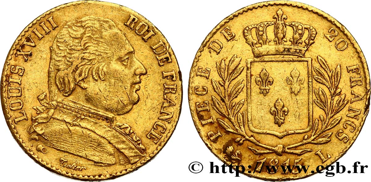 20 francs or Louis XVIII, buste habillé 1815 Bayonne F.517/14 TTB40 
