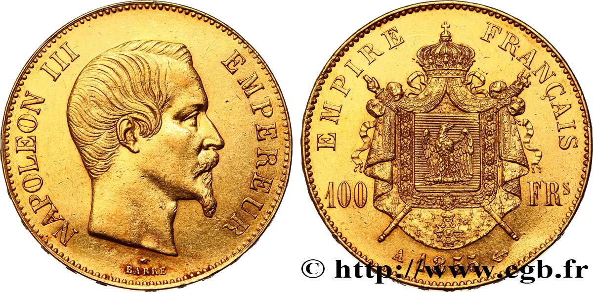 100 francs or Napoléon III, tête nue 1855 Paris F.550/1 EBC60 