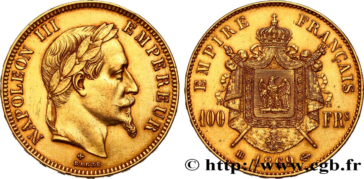 100 francs or Napoléon III, tête laurée 1869 Strasbourg F.551/13 AU52 