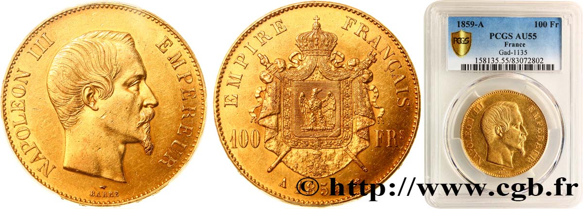 100 francs or Napoléon III, tête nue 1859 Paris F.550/7 EBC55 PCGS