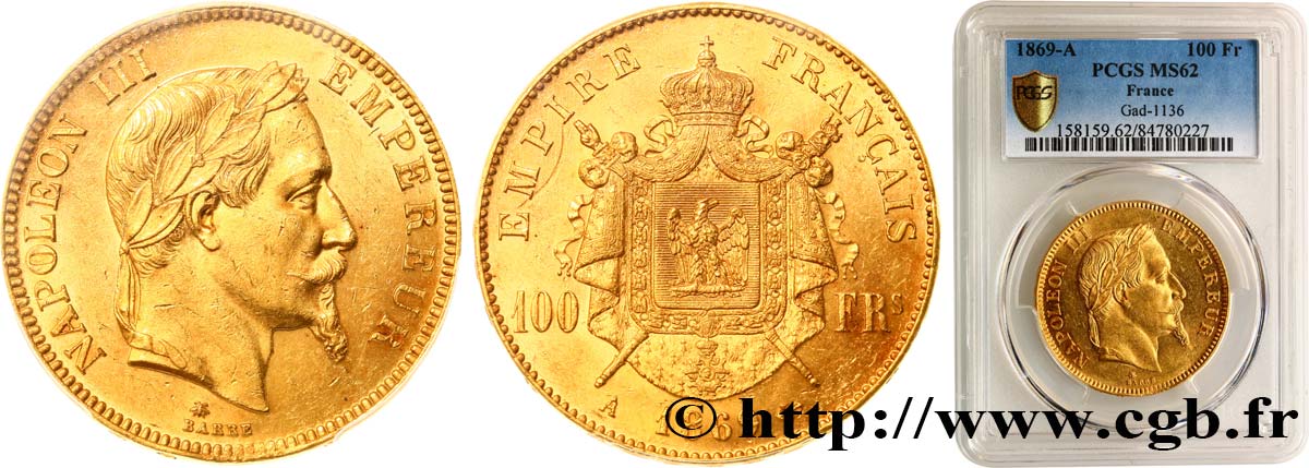 100 francs or Napoléon III, tête laurée 1869 Paris F.551/12 SPL62 PCGS