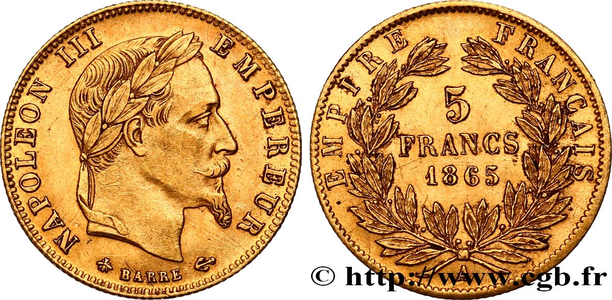 5 francs or Napoléon III, tête laurée 1865 Paris F.502/7 TTB50 