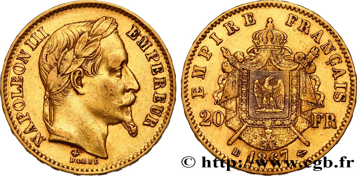 20 francs or Napoléon III, tête laurée 1867 Strasbourg F.532/16 MBC45 