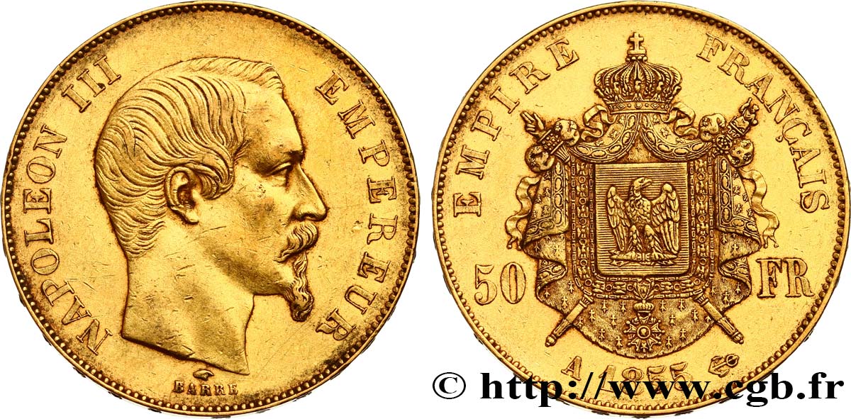 50 francs or Napoléon III, tête nue 1855 Paris F.547/1 MBC48 