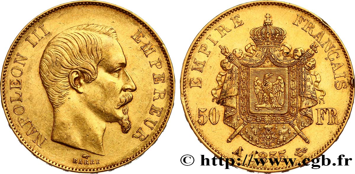 50 francs or Napoléon III, tête nue 1855 Paris F.547/1 XF48 